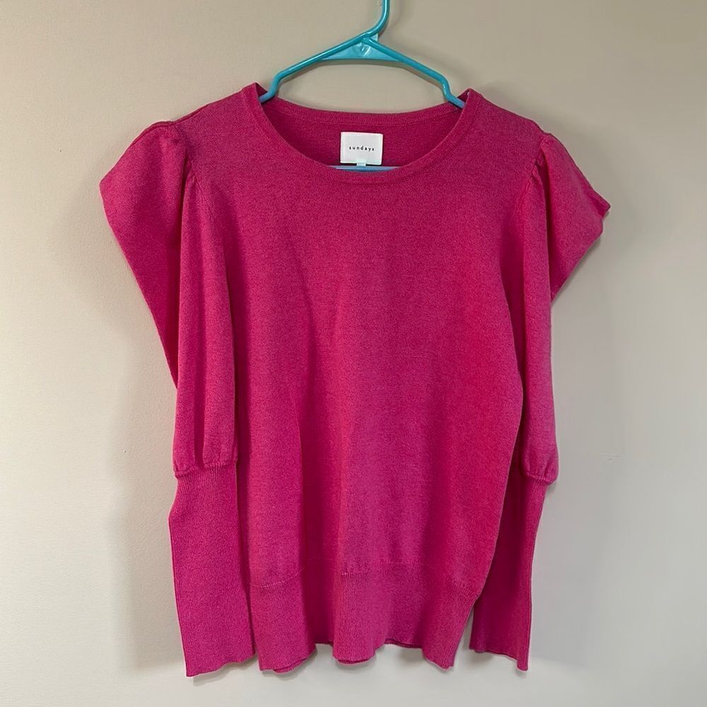 NWOT Sundays Bright Pink Puff Sleeve Shirt/Sweater